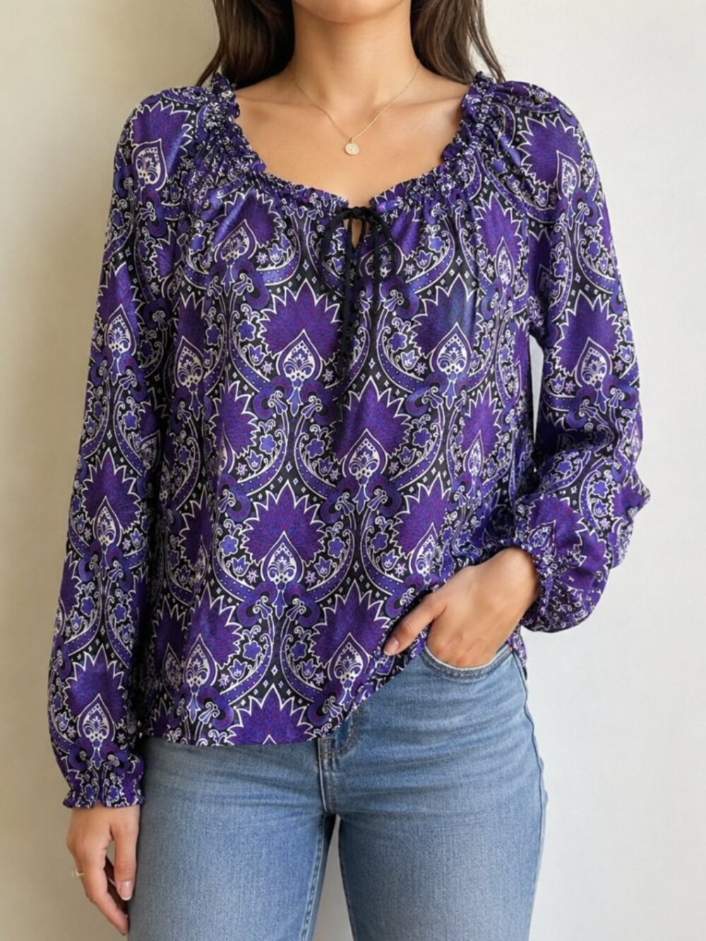 Oscar 100% Silk Purple Paisley Peasant Top